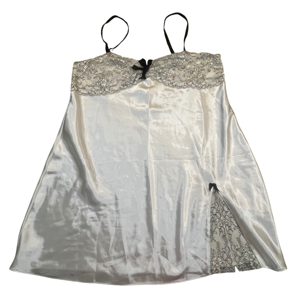 Thalia Sodi Intimates Satin Lace Chemise Nightgown Silver White Black Trim Large